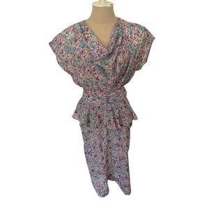 Vtg 80s Floral Dress Cowl Neck Peplum Pencil Skirt Jody California‎ Cottagecore